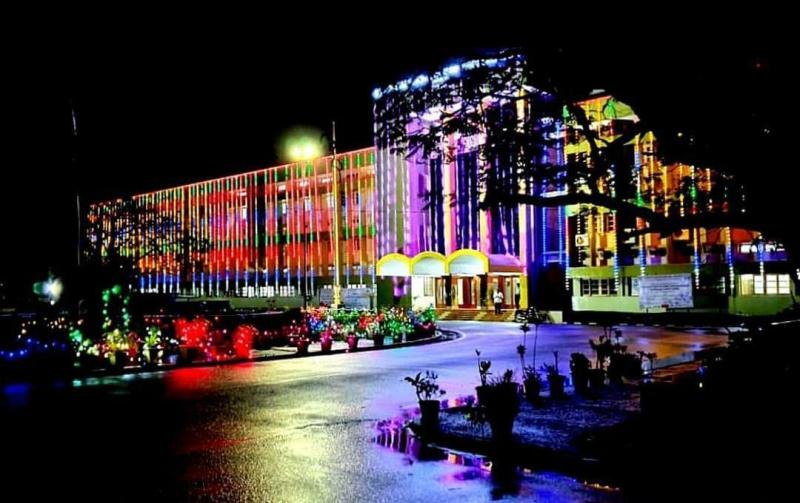 Large stage and lighting setup for a college tech fest